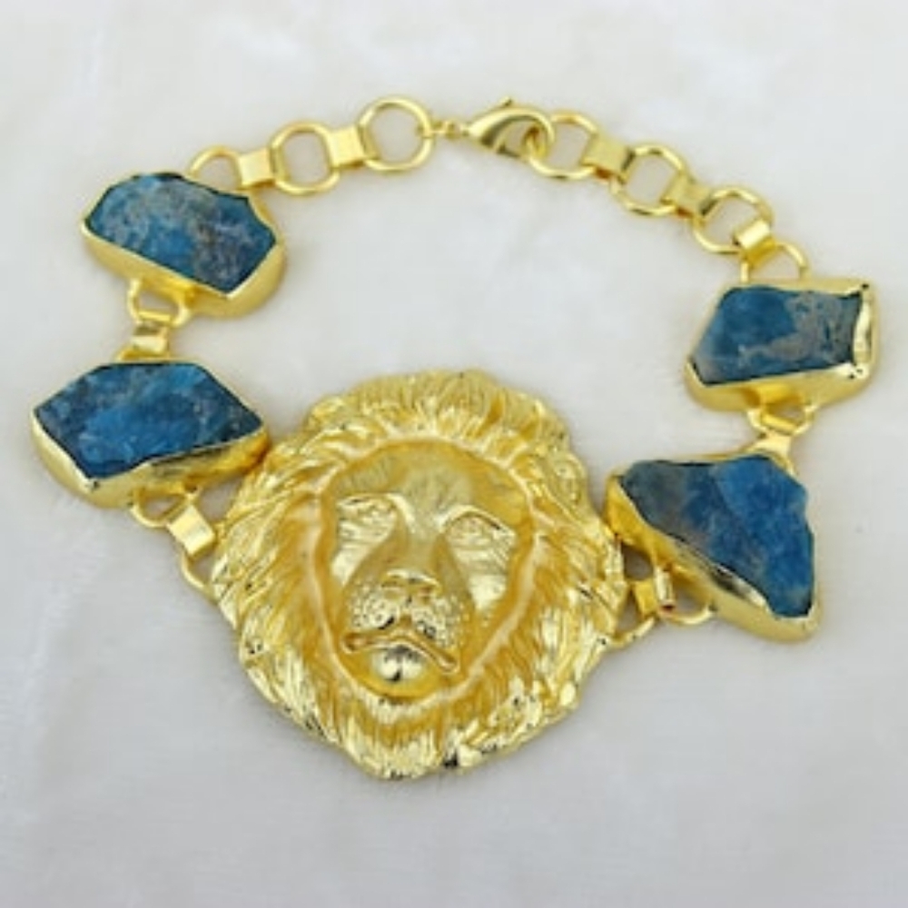 Gold plated lion head gemstone bracelet blue stone handmade